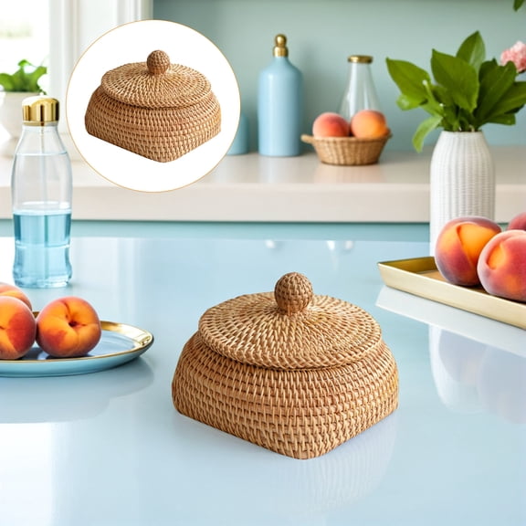OFFIGAM Light Brown Round Storage Box for Snacks and Sundries Organizer with Woven Material, 1 Piece