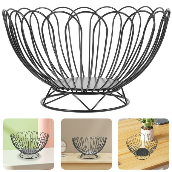 OFFIGAM 1Pcs Iron Vegetables Basket Wire Fruit Storage Black Metal Bread Serving Round Opening Home Use