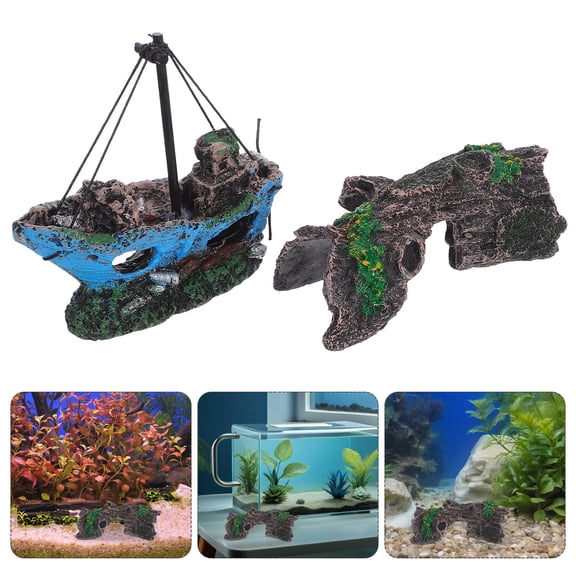 OFFIGAM Aquarium Fish Tank Decoration Resin Shipwreck and Tree Bark Hideout Ornament for Betta Shrimp Crayfish