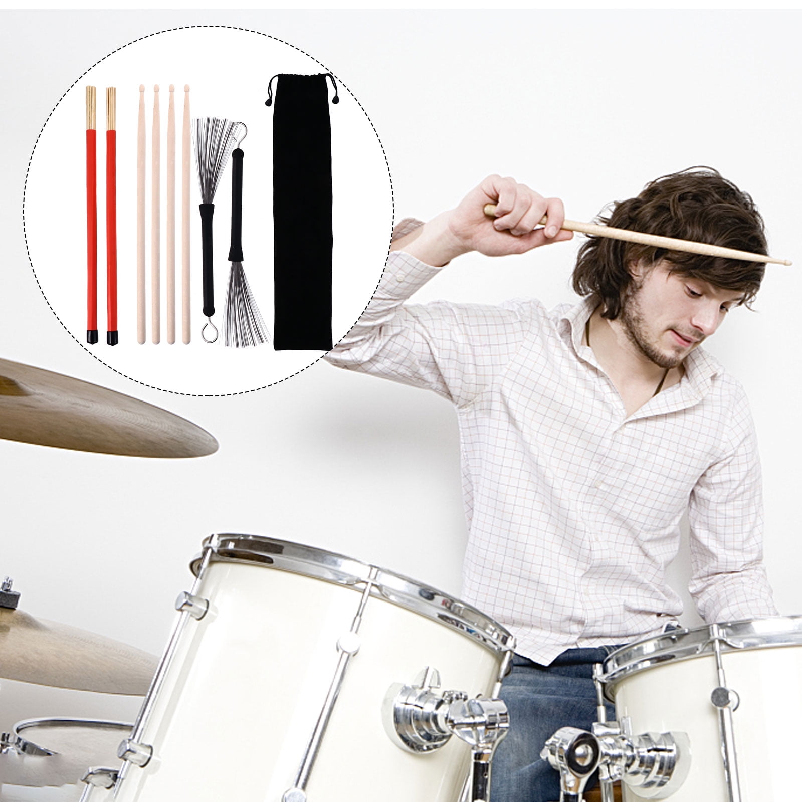 OFFIGAM Drum Brush and Steel Wire Rod Drumsticks Set with Ergonomic Comfortable Grip for Drummers