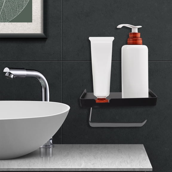 OFFIGAM Toilet Paper Holder Rack with Storage Shelf Stainless Steel Black Finish