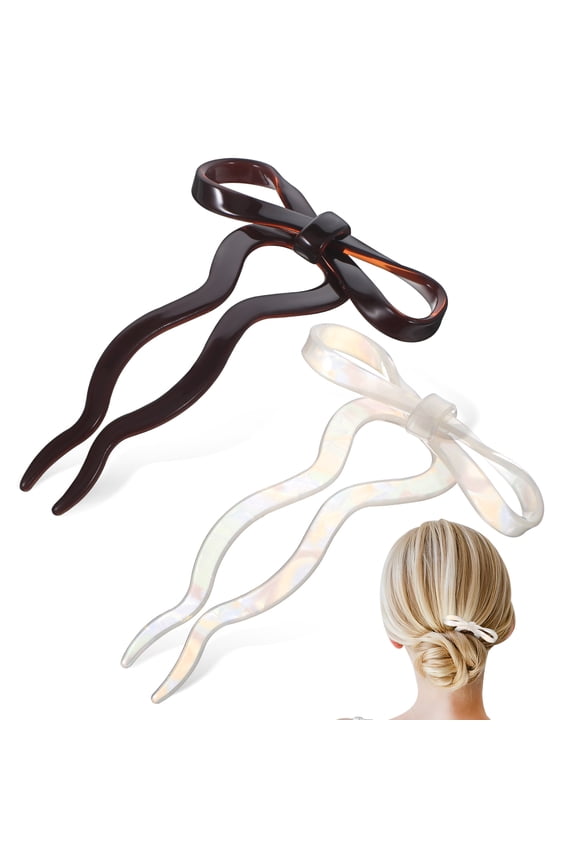 2-Pack French U-Shaped Hair Pins with Bow Design for Women, Perfect for Buns, Updos, and Hair Styling Accessories, 3.93x2.63x0.04in