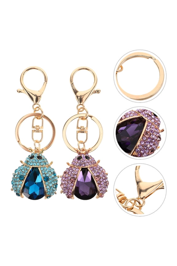 2Pcs Elegant Ladybug Charm Keyring Portable Purse Key Holder with Rhinestone Decoration