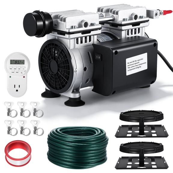 OFFIGAM 3/4HP Pond Aerator 5.2CFM Air Compressor with 100FT Weighted Tubing Timer for Up to 3 Acre Lake Fish Farming Oxygen Pump 110V
