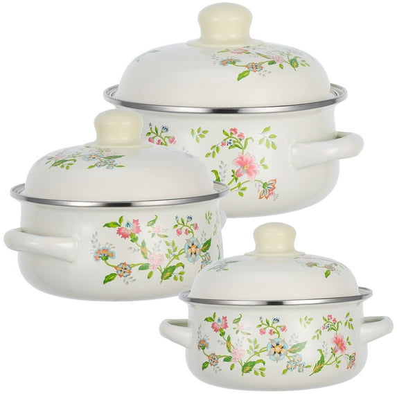 OFFIGAM 3Pcs Beige Enamel Stockpot Set Floral Design with Double Handles Ideal for Stove and Induction