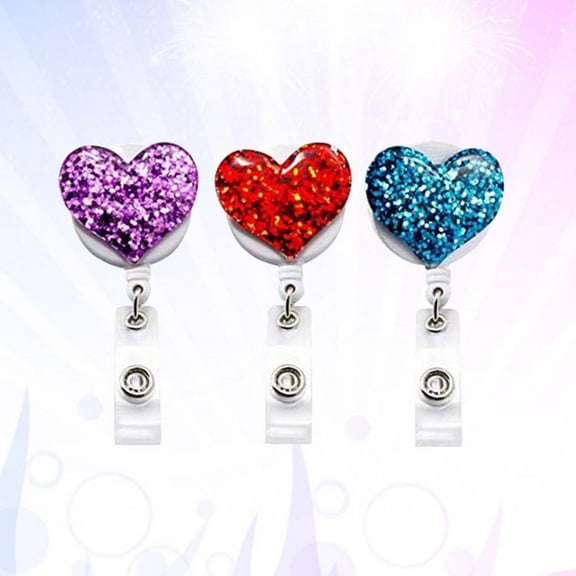 OFFIGAM Cute Badge Reels Heart Shaped Rhinestones Retractable Assorted Color 3Pcs