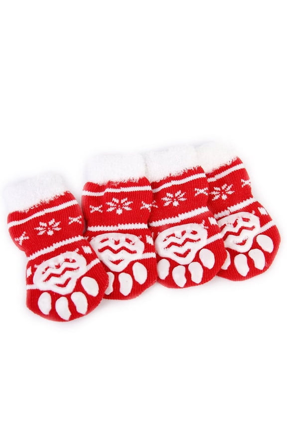 4-Pack Red Cat Socks with Non- Rubber Grip, Soft Cotton Indoor Pet Socks for Cats, Comfortable and Safe