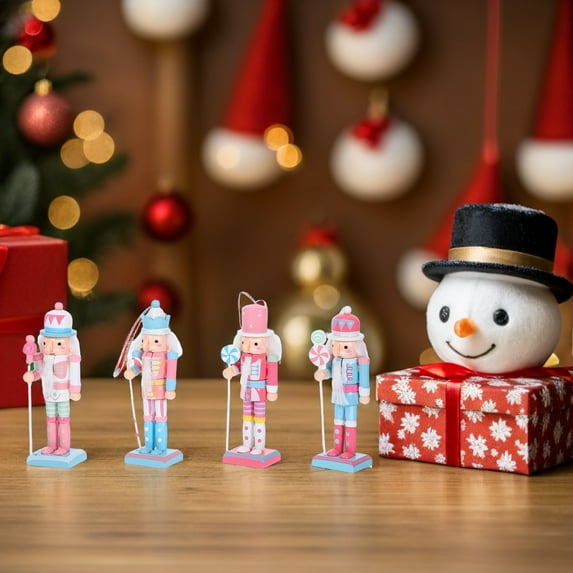 OFFIGAM 4pcs Christmas Nutcracker Wooden Figures Multi-Color Holiday Ornaments Set for Family Gathering Decoration