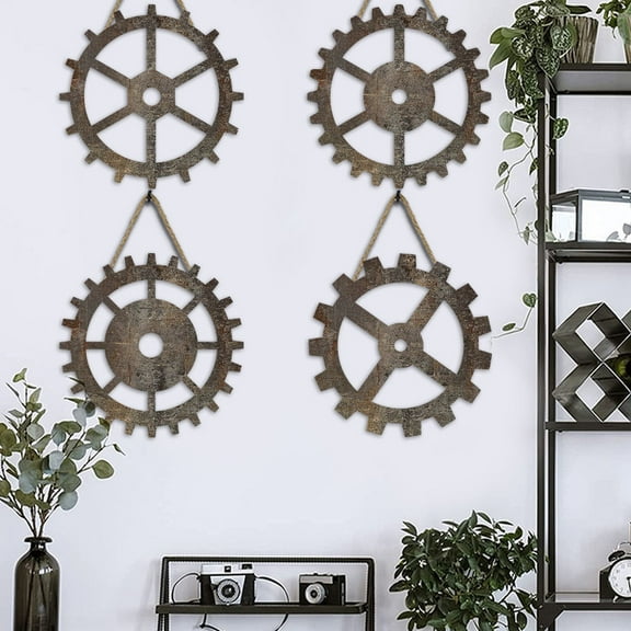 OFFIGAM 4Pcs Vintage Gear Wall Decor Brown Wooden 11.4X11.4X0.2In for Home Decoration