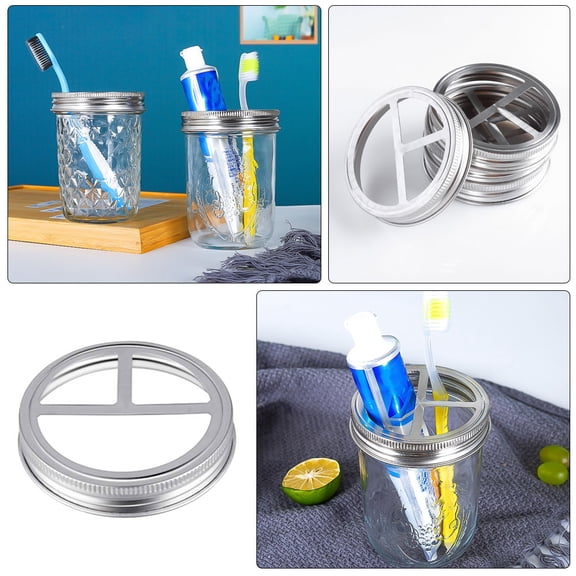 OFFIGAM 5-Pack Wide Mouth Jar Lids with Round Toothbrush and Toothpaste Holder for Bathroom Storage Organization