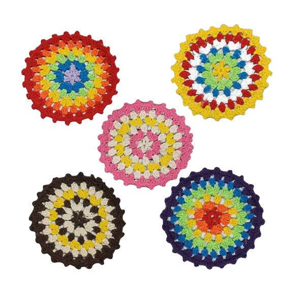 OFFIGAM 5Pcs Assorted Color Crochet Cotton Placemat Round Cup Mat Protects Tables from Stains