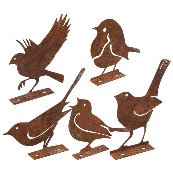 OFFIGAM Set of 5 Rustic Brown Metal Bird Garden Fence Decorations for Outdoor Yard and Patio
