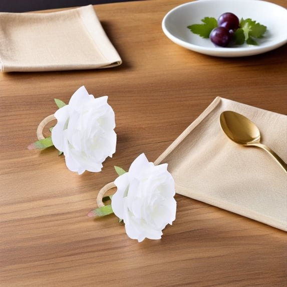 OFFIGAM 6Pcs White Rose Napkin Rings Set Fabric Flower Napkin Holder Elegant Table Decoration for Weddings Banquets