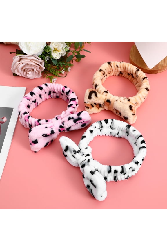 6-Pack Leopard Print Plush Spa Headbands with Bowknot, Soft Hair Bands and Wraps for Women and Girls Makeup Accessories