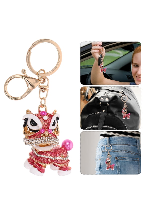 Stylish Rosy Alloy Chinese Lion Keychain with Sparkling Rhinestones, Unique Decorative Cute Accessory