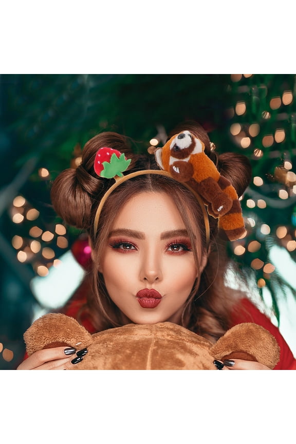 Animal Costume Plush Headband Raccoon Hairband with Strawberry Detail for Face Washing and Party Decoration