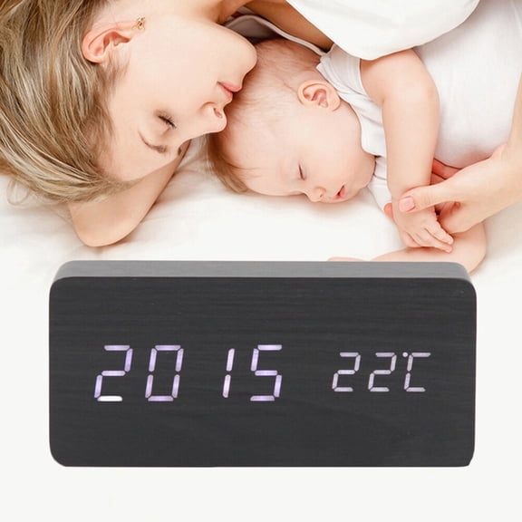 OFFIGAM Black Wood LED Desk Clock Multifunction Showing Time Date Week Temperature