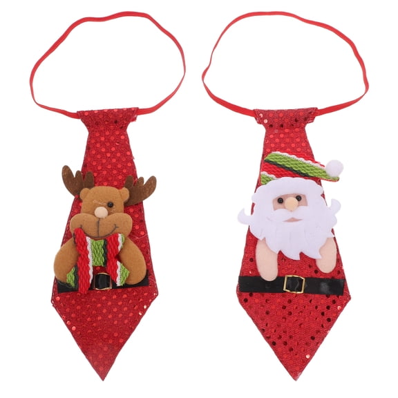 OFFIGAM Christmas Necktie 2PCS Santa and Fawn Festival Costume Accessory Red Non-woven Fabric Tie 9.82X3.54X0.08in