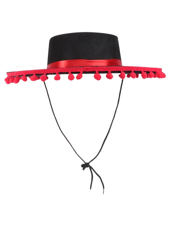 Red Felt Hat with Hair Ribbon, Multi-Color Stylish Mexican Party Hat for Performance and Events