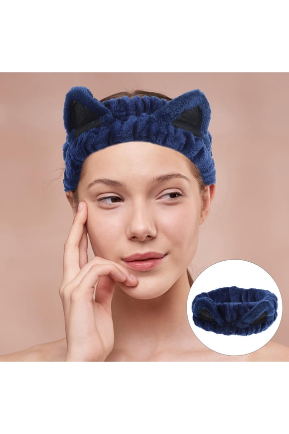 Comfortable Dark Blue Cat Ear Headband for Facial Cleansing and Daily Skincare Use