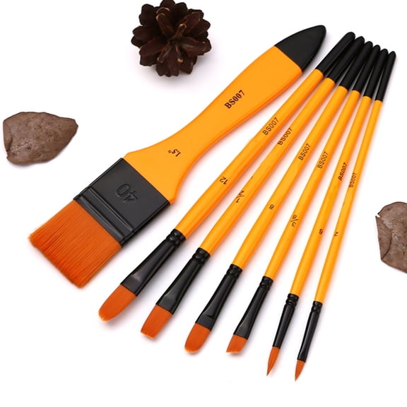 OFFIGAM 7-Piece Nylon Paint Brush Set for Acrylic & Oil Painting with Fine Liner Pen, Orange Handle