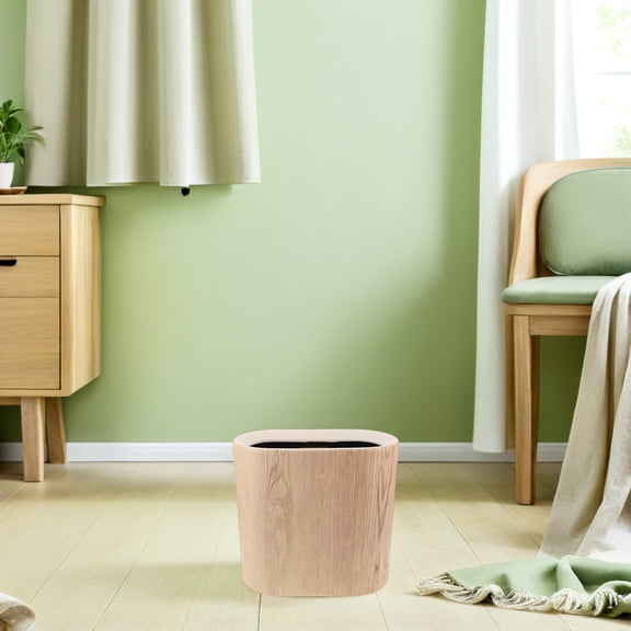 OFFIGAM Beige Narrow Garbage Bin with Lid Wood Grain Plastic for Kitchen Cabinet Space Saving