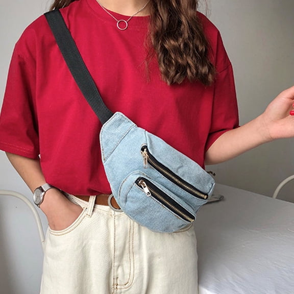 OFFIGAM Retro Denim Waist Bag for Women, Casual Vintage Style Denim Fanny Pack for School, Travel, and Everyday Use