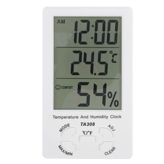 OFFIGAM Digital Temperature & Humidity Monitor with Clock, Large White LCD Display for Indoor Home and Office Use