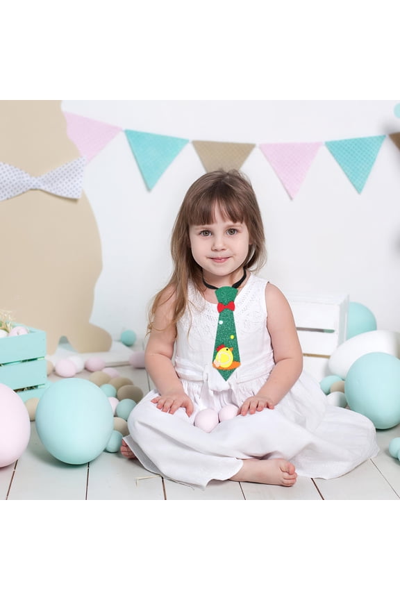 Green Non-Woven Fabric Necktie with Cute Cartoon Design for Easter, Family Events, Adjustable Fit for Men and Boys