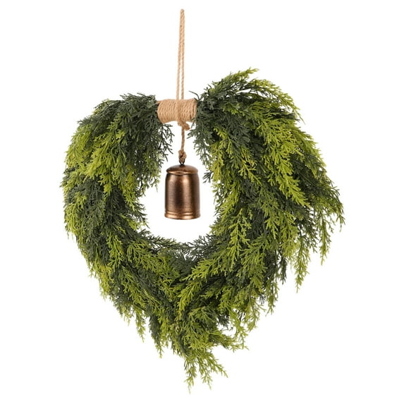 OFFIGAM Heart Shaped Christmas Wreath with Bells and Faux Cedar Pine Garland for Holiday Door Decoration