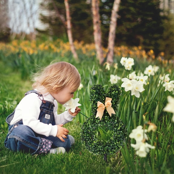 OFFIGAM Green Easter Bunny Topiary with Bow Artificial Rabbit Tree with Stake for Festive Garden Decoration