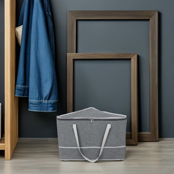 OFFIGAM Grey Hanger Holder Organizer Box with Handle and Lid for Laundry Room Storage and Closet Organization