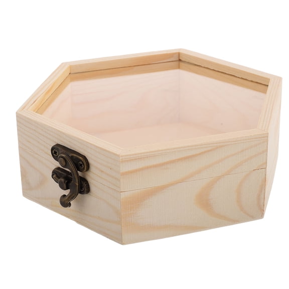 OFFIGAM Hexagon Pine Wood Storage Box with Glass Lid Elegant Wooden Jewelry Keeper for Home Decor