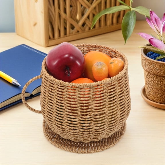 OFFIGAM Plastic Woven Coffee Cup Storage Basket Faux Rattan Multipurpose Fruit Bread Container in Khaki