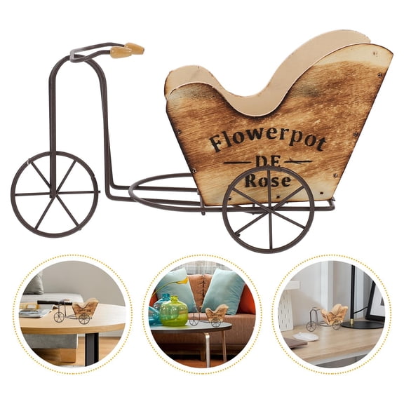 OFFIGAM Light Brown Metal Bike Plant Stand with Durable Iron Frame and Wooden Display Rack