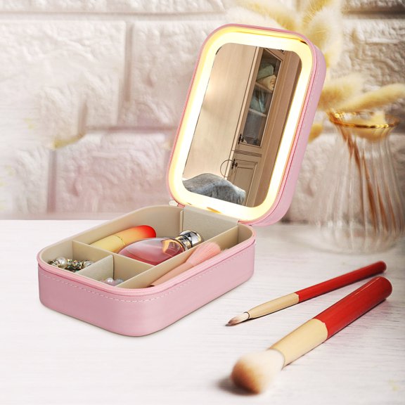 OFFIGAM Makeup Box with Mirror Pink Adjustable Light Levels and Multi Use Organizer
