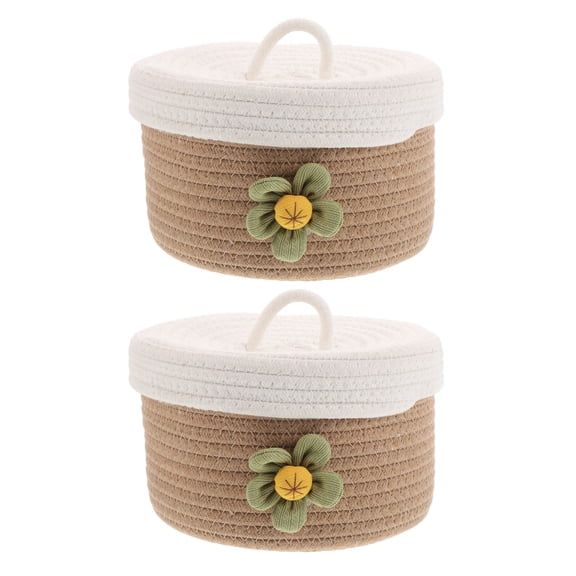 OFFIGAM Medium Cotton Rope Storage Basket with Lid for Home Use Coffee Color Decorative Organizer 21x13cm
