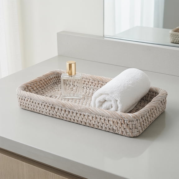 OFFIGAM Rectangular White Rattan Decorative Tray for Jewelry, Trinkets, Vanity, Coffee Table, Entryway Home Storage