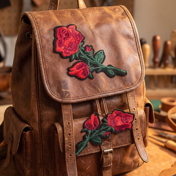 OFFIGAM Red Embroidered Rose Patches for Arts Polyester Heatadhesive Backing
