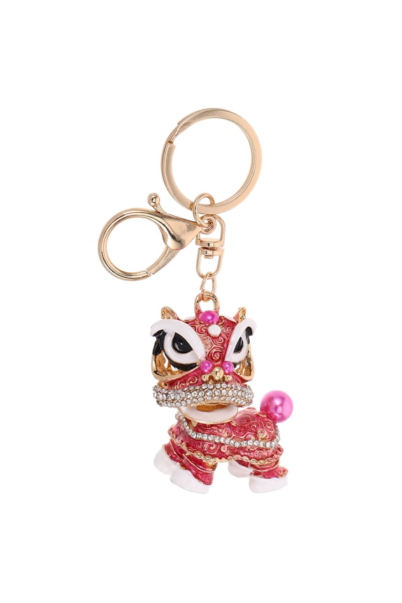 Rosy Chinese Lion Keychain with Sparkling Rhinestones, Unique Alloy Design, Decorative 3.5 Inch Accessory