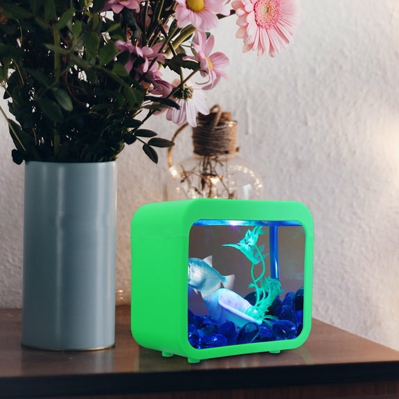 OFFIGAM Small Betta Fish Tank with Five Color Changing Light and Green Plastic Design