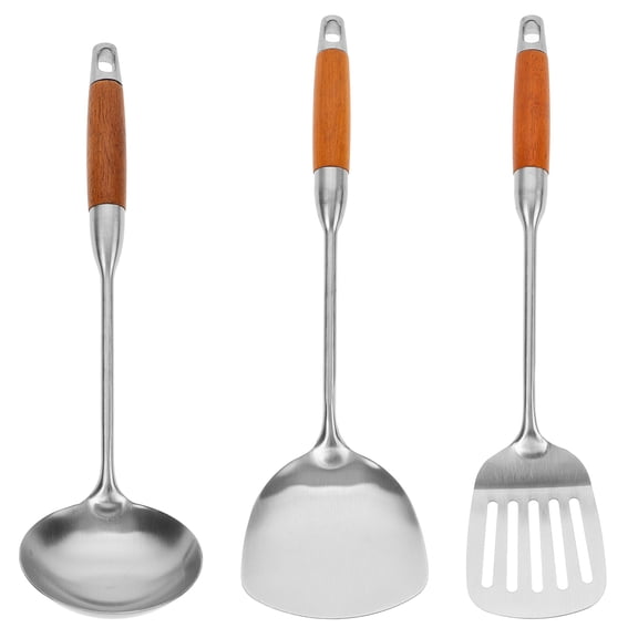 OFFIGAM Kitchen Utensil Set Stainless Steel with Rosewood Handle Long Handle Professional Chefs 1 Set