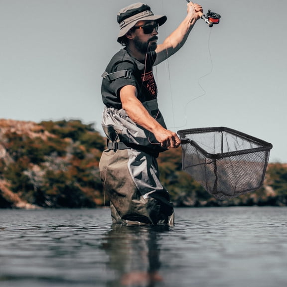 OFFIGAM Supple Nylon Mesh Fishing Landing Net with Extendable Ergonomic Handle in Black