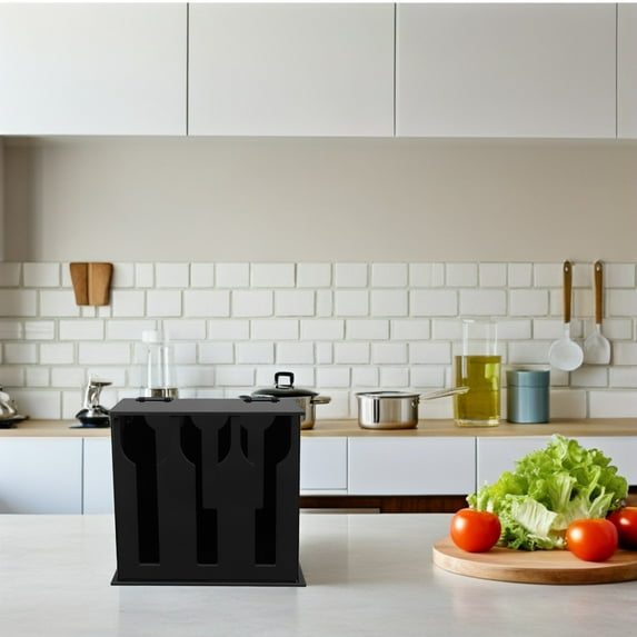 OFFIGAM Black Acrylic Cutlery Organizer with Drainage, Large Capacity 3-Slot Holder for Kitchen Countertop Storage