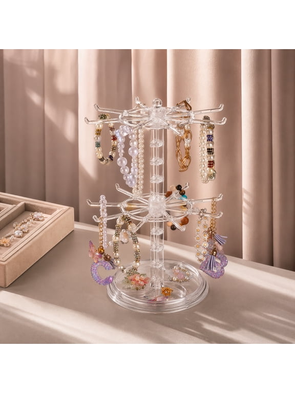 Transparent Rotating 2-Tier Rod Organizer Display Stand for Keychains and Small Accessories