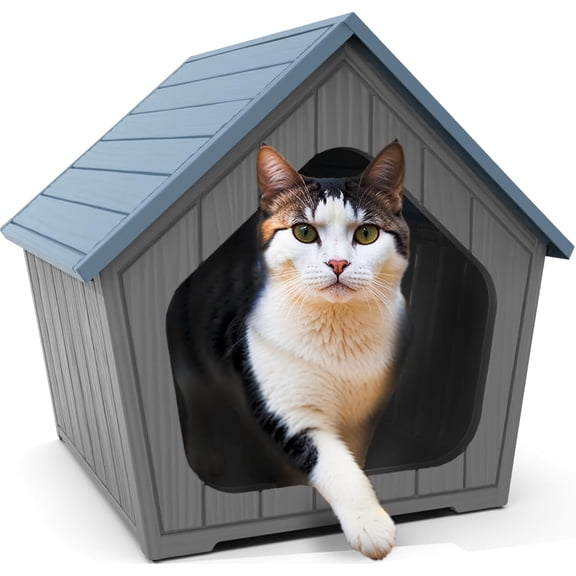 OFFIGAM Waterproof Resin Cat House Blue Indoor Outdoor Easy Clean Modern Design 23.43x22.64x22.8in