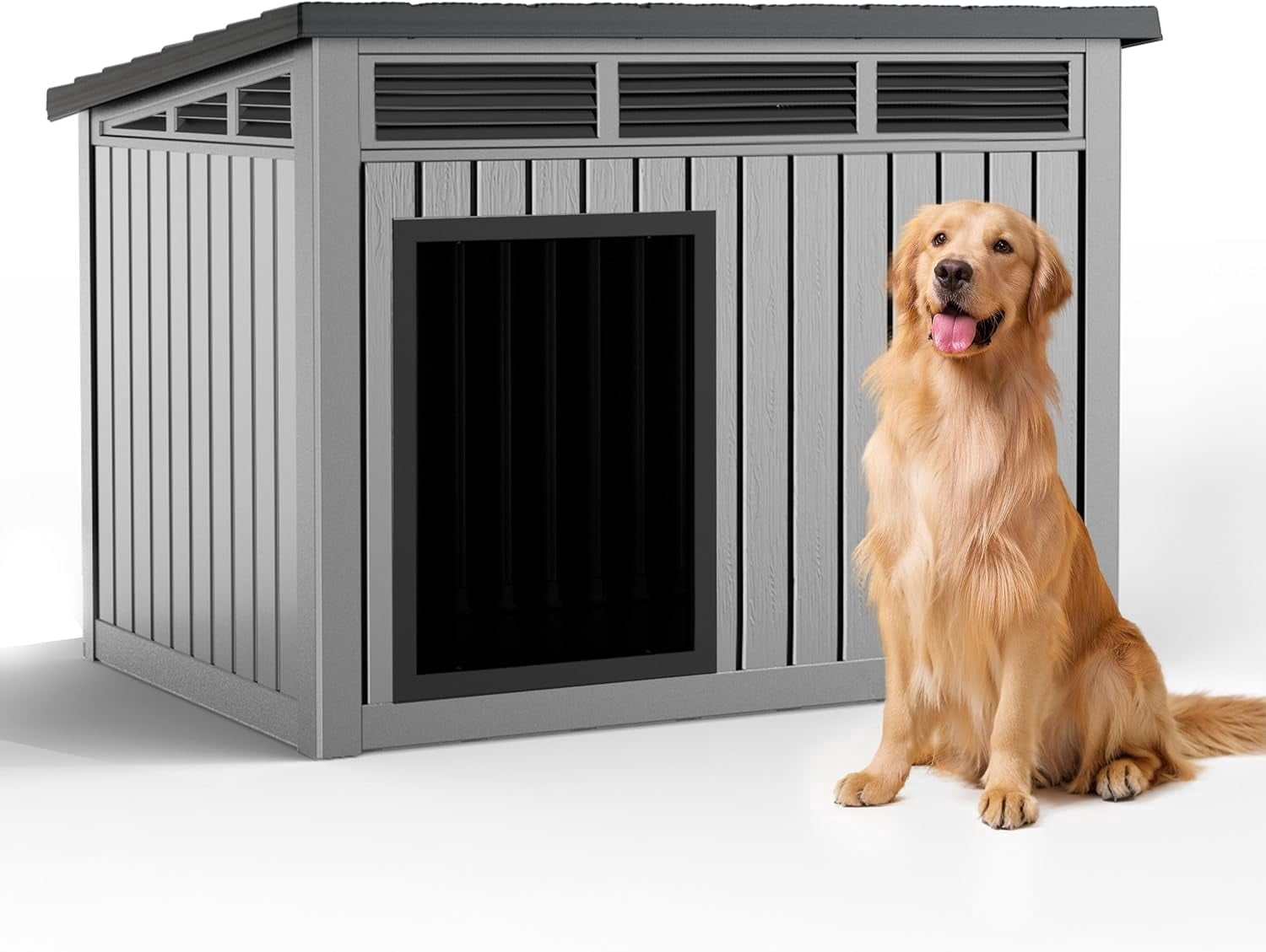 OFFIGAM Weatherproof Insulated Resin Dog House Grey Black Indoor Outdoor Medium Large 42.87x32.95x31.61in