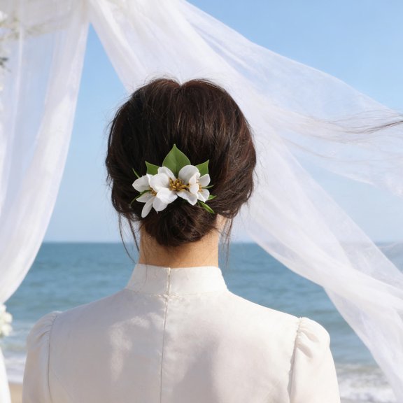 OFFIGAM Elegant White Floral Hair Comb, Metal and Cloth Bridal Hair Accessory for Beach Wedding, Women