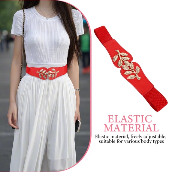 OFFIGAM Red Wide Elastic Belt for Women with Stylish Leaf Buckle, PU Nylon, 3 Inch Wide, Comfortable Fit for Everyday Use