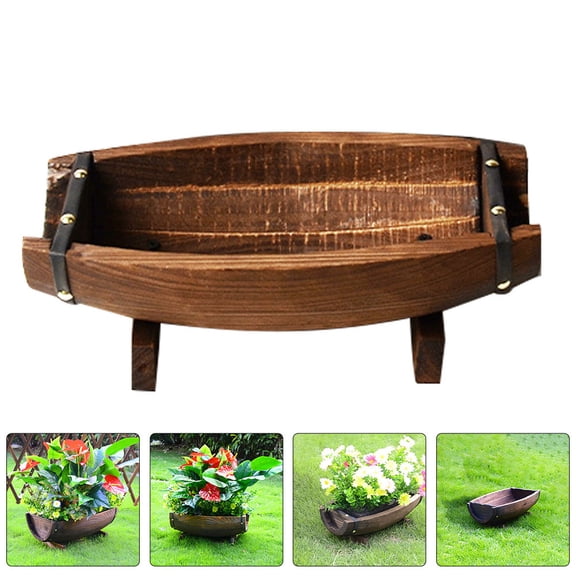OFFIGAM Rustic Wooden Half Planter, Coffee Indoor and Outdoor Plant Pot for Garden Patio Flowers and Herbs Decor